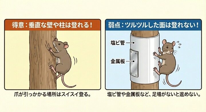 塩ビ管や金属板のような滑らかな素材は、ネズミにとって非常に登りにくい障害物
