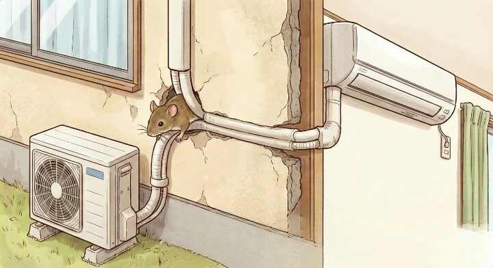 エアコンの配管まわりの隙間はネズミにとって格好の侵入口