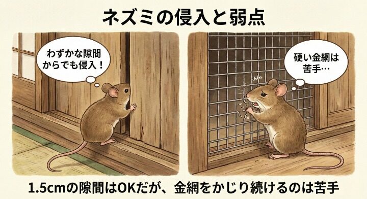 ネズミは1.5cmほどのわずかな隙間からでも侵入してきますが、金網のような硬いものをかじり続けるのは苦手という弱点がある