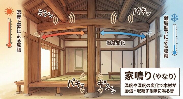 家のきしみや木材の収縮による「家鳴り」