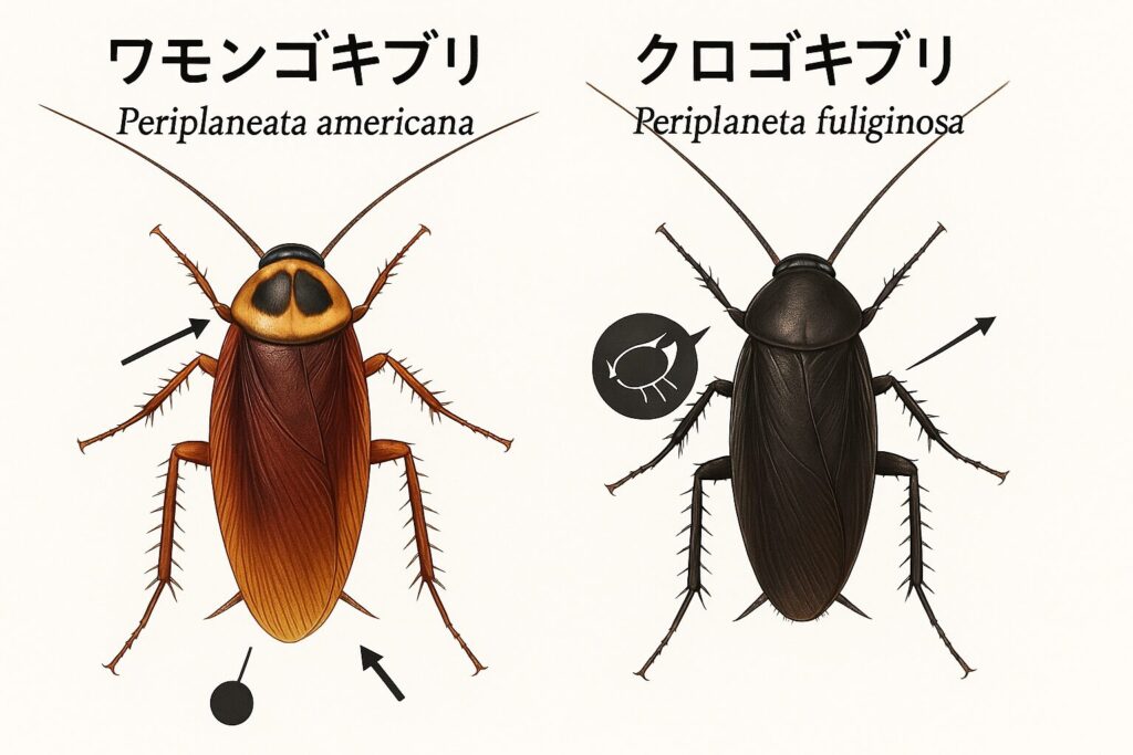 ワモンゴキブリとクロゴキブリの比較画像