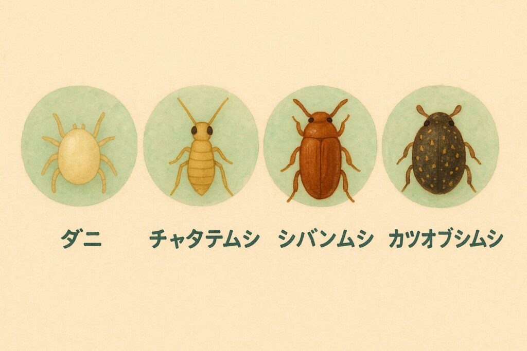 ダニ、チャタテムシ、シバンムシ、カツオブシムシ比較図