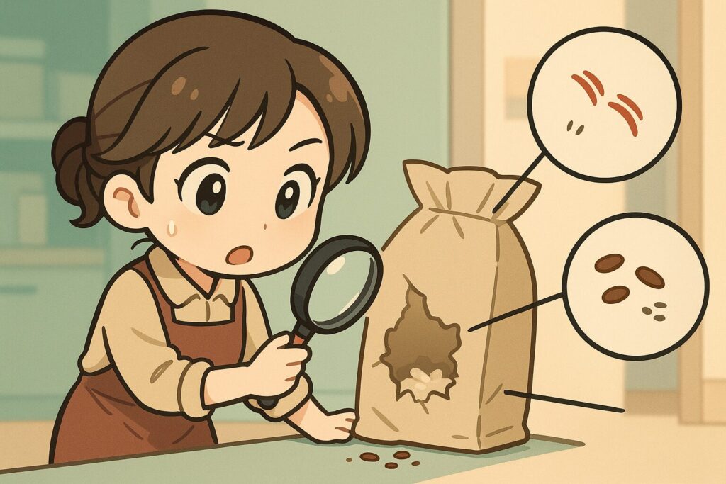 袋をかじった跡はネズミかも?