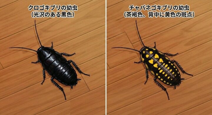 ゴキブリの幼虫の
色は黒や茶褐色で光沢がある