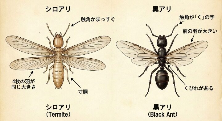 シロアリか黒アリの羽アリの見分け方
