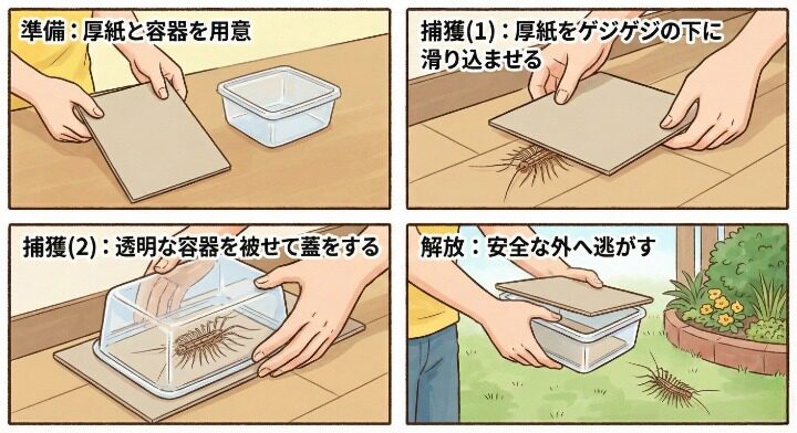 厚紙やチラシをゲジゲジの下にそっと滑り込ませ、上から透明なプラスチック容器などを被せて捕獲する方法