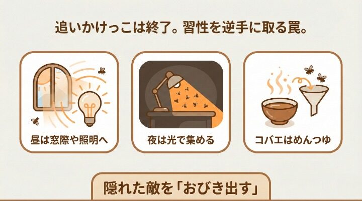 見失ったハエを確実に仕留める！効果的な探し方と誘引術