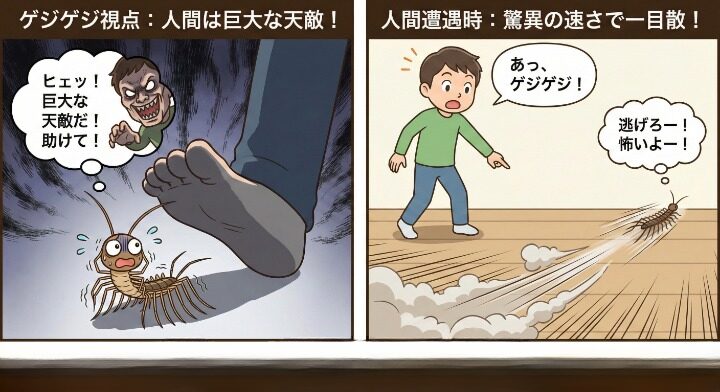 ゲジゲジは人間と遭遇すると、驚くべき速さで一目散に逃げ出してしまいます