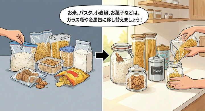 お米、パスタ、小麦粉、お菓子などの乾物は、購入時の袋のままやプラスチック容器で保管せず、ガラス瓶や金属缶に移し替えましょう。