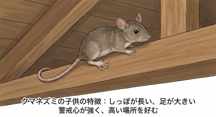 クマネズミの子供:足が大きくしっぽが長い