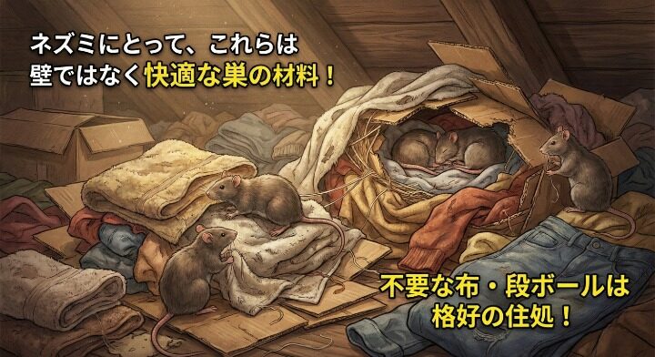 巣の材料にされてしまう「布・段ボール」