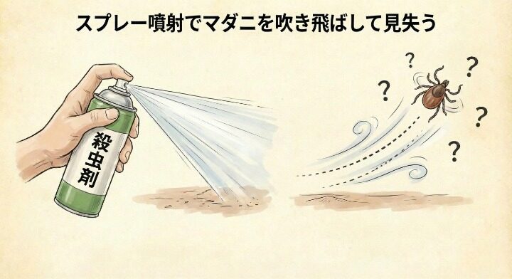 スプレータイプの殺虫剤マダニをふき飛ばして見失ってしまう