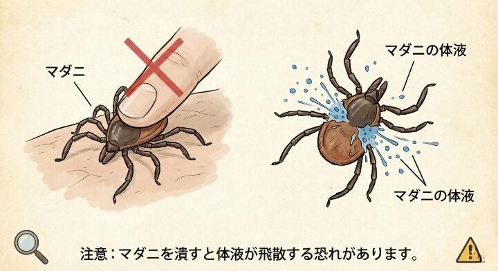 マダニを潰してしまうと、マダニの体内にある体液が飛散する恐れがあります。
