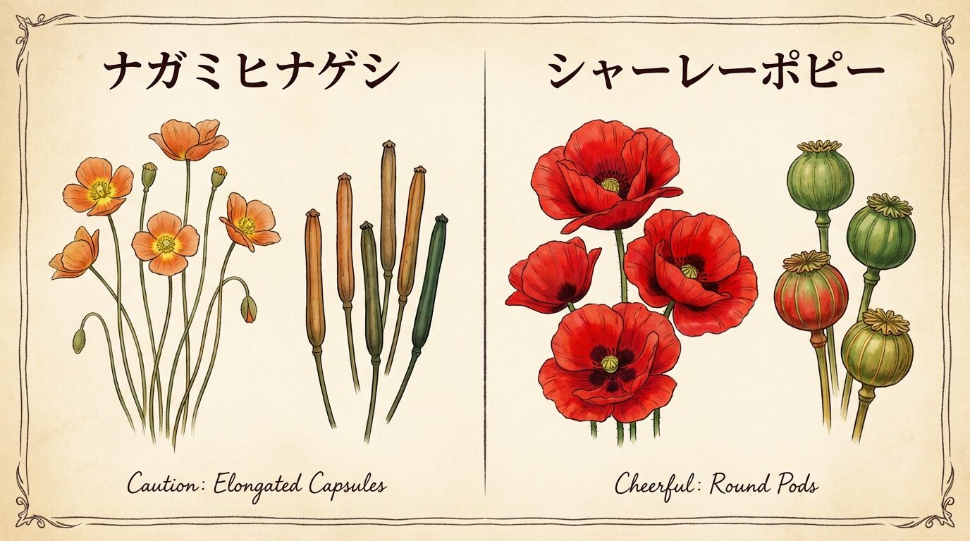 ナガミヒナゲシとポピーの実の形状
