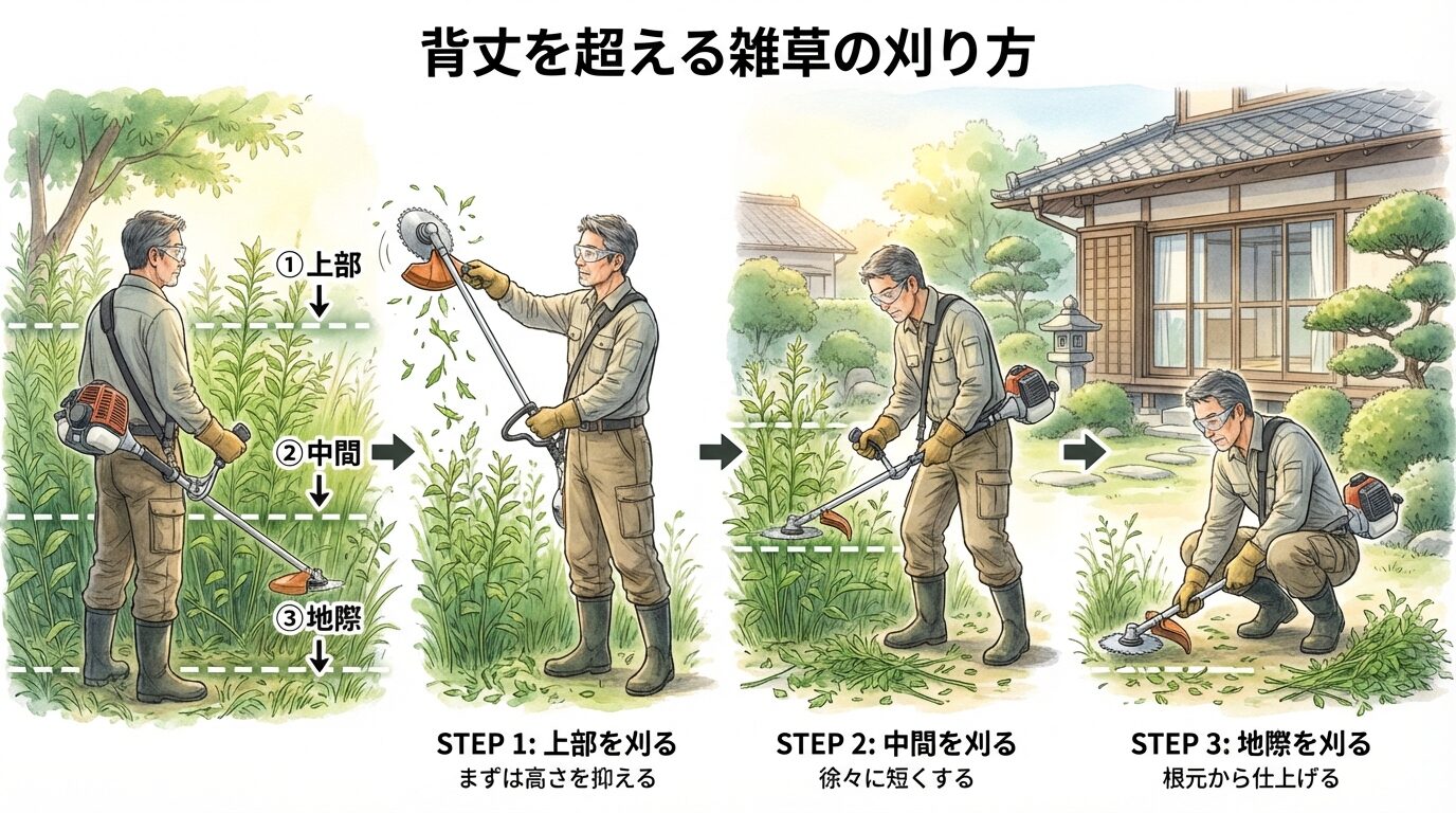 大型雑草を安全に刈る「分割刈り」の手順