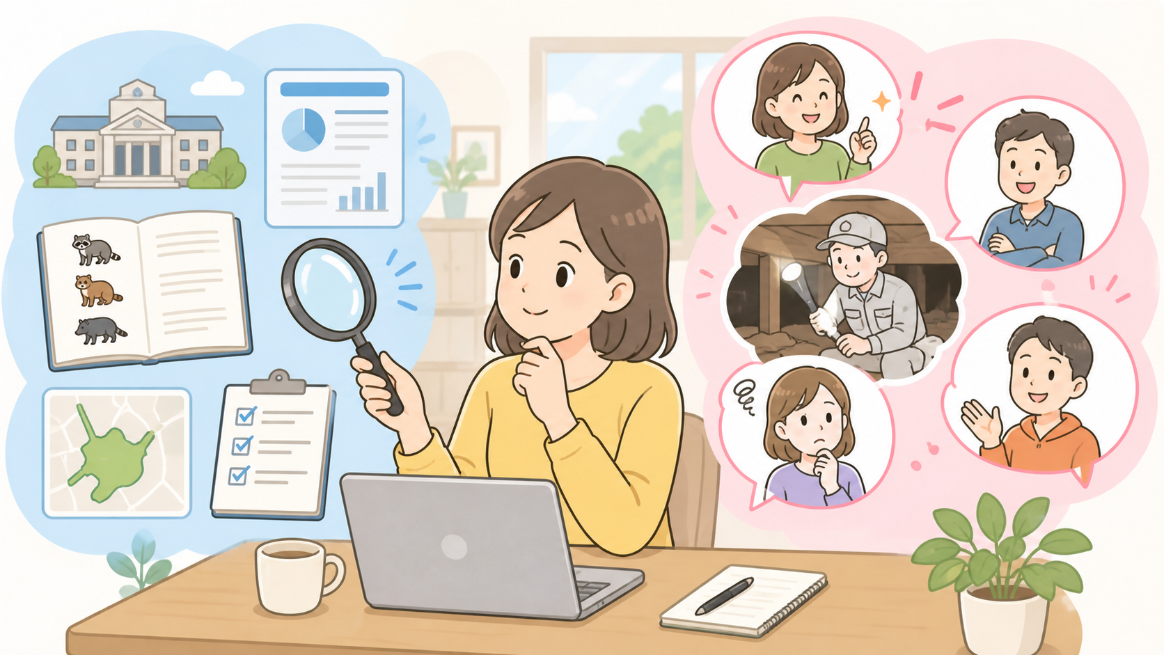 害獣駆除110番の公開情報と口コミを見る際の注意点を示すイラスト