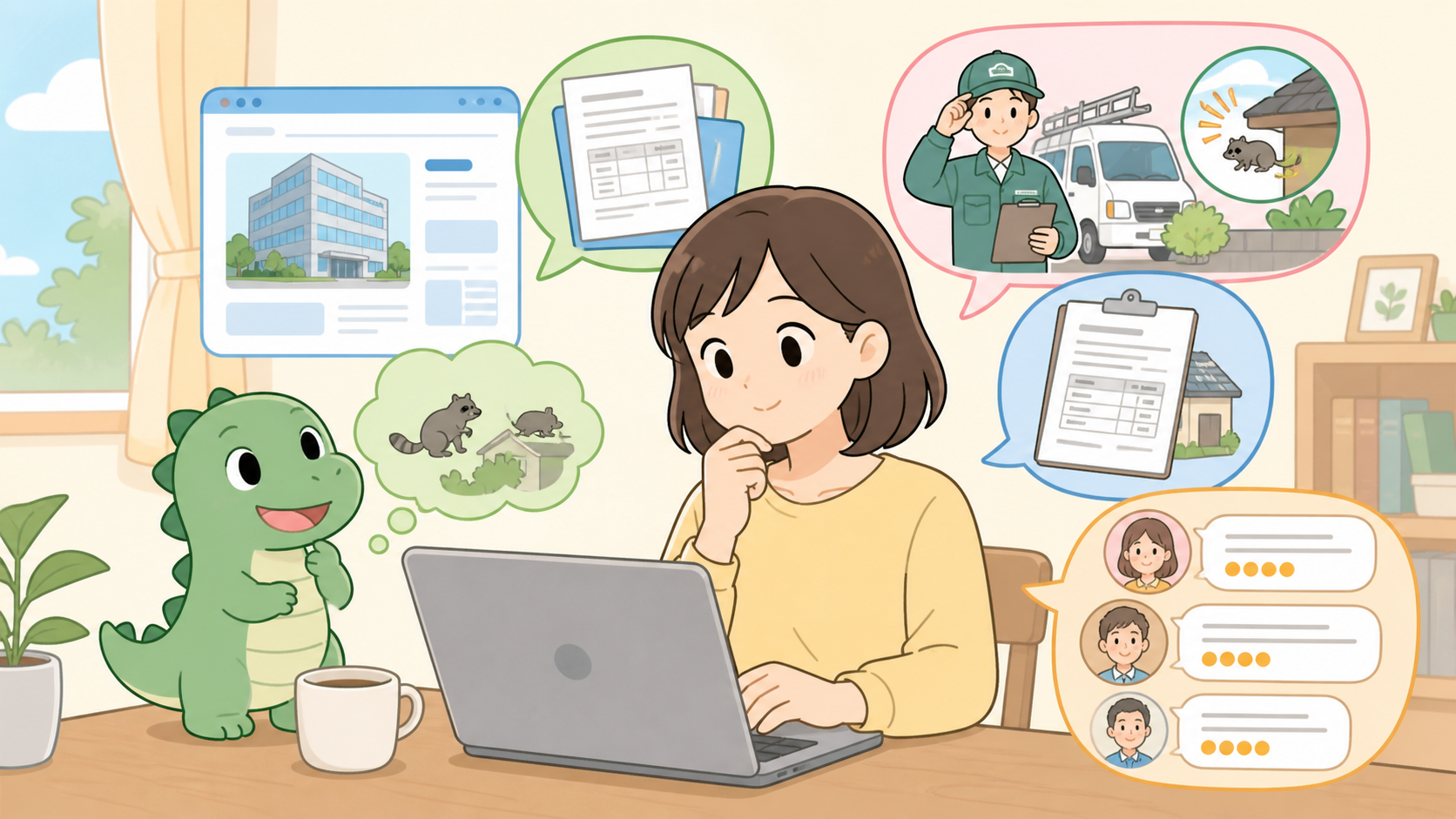 駆除ザウルスの公開情報と口コミを見る際の注意点を示すイラスト