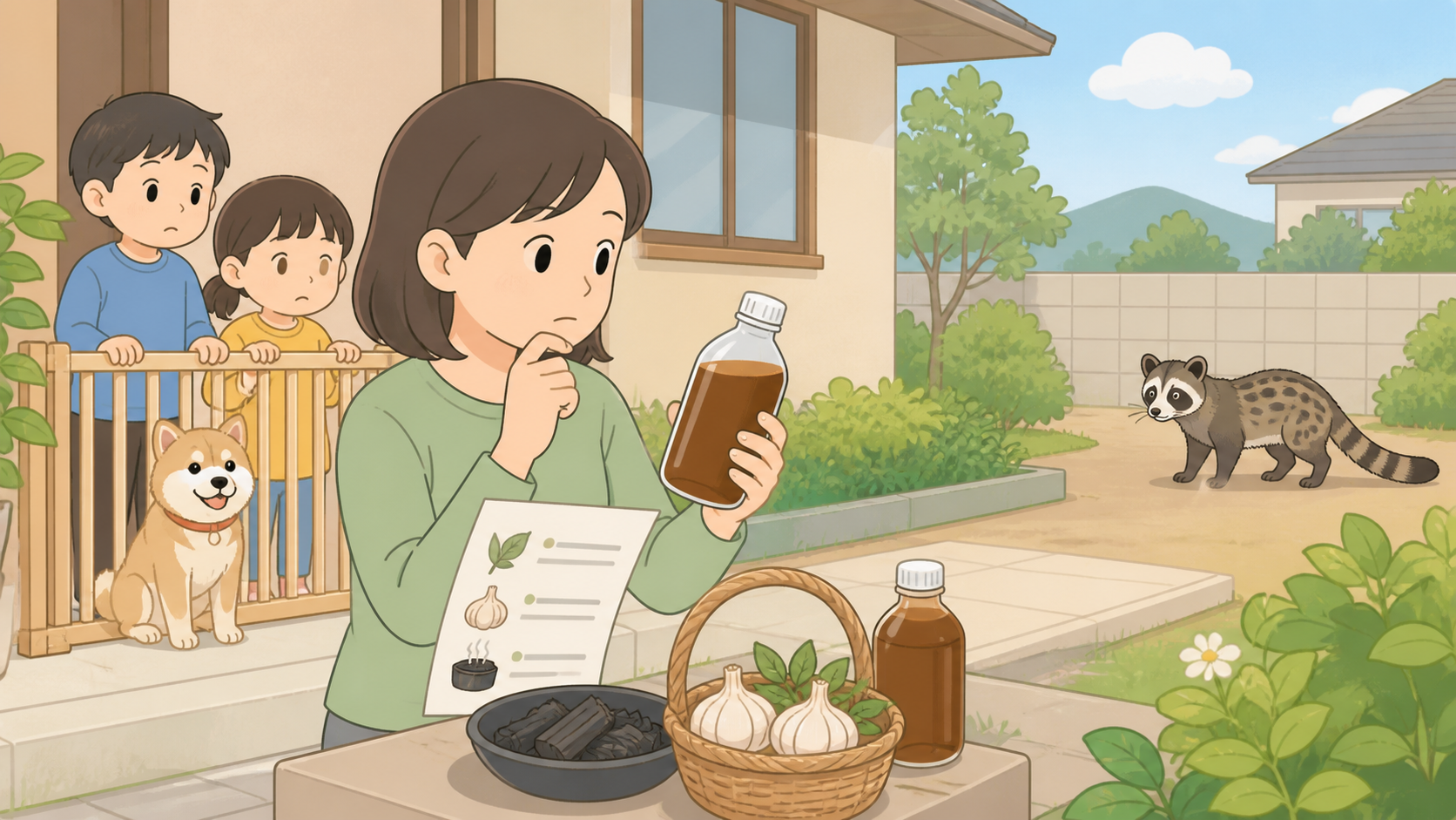 木酢液・ニンニク・くん煙剤の注意を示すイラスト