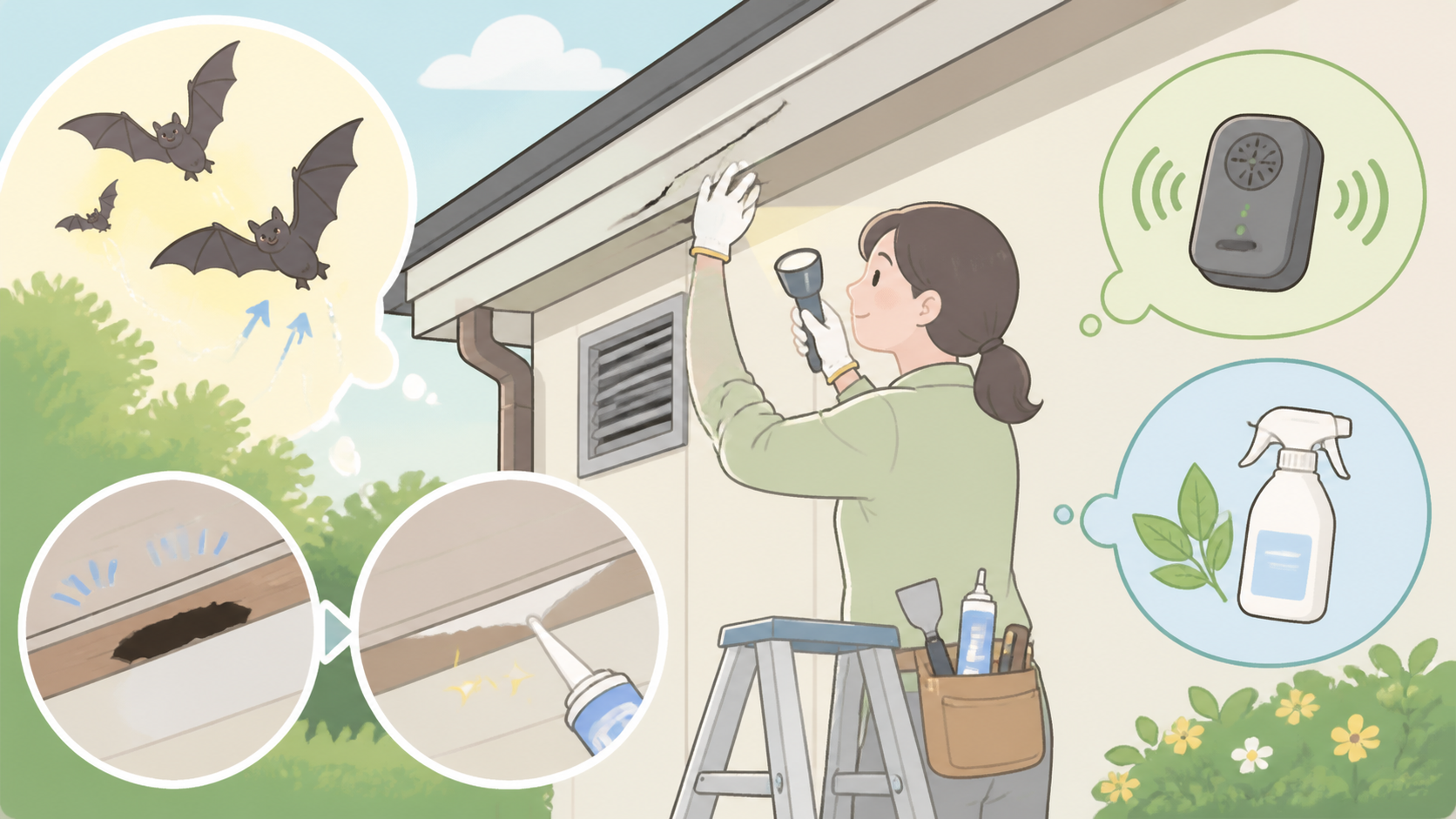 忌避剤・超音波は補助策を示すイラスト