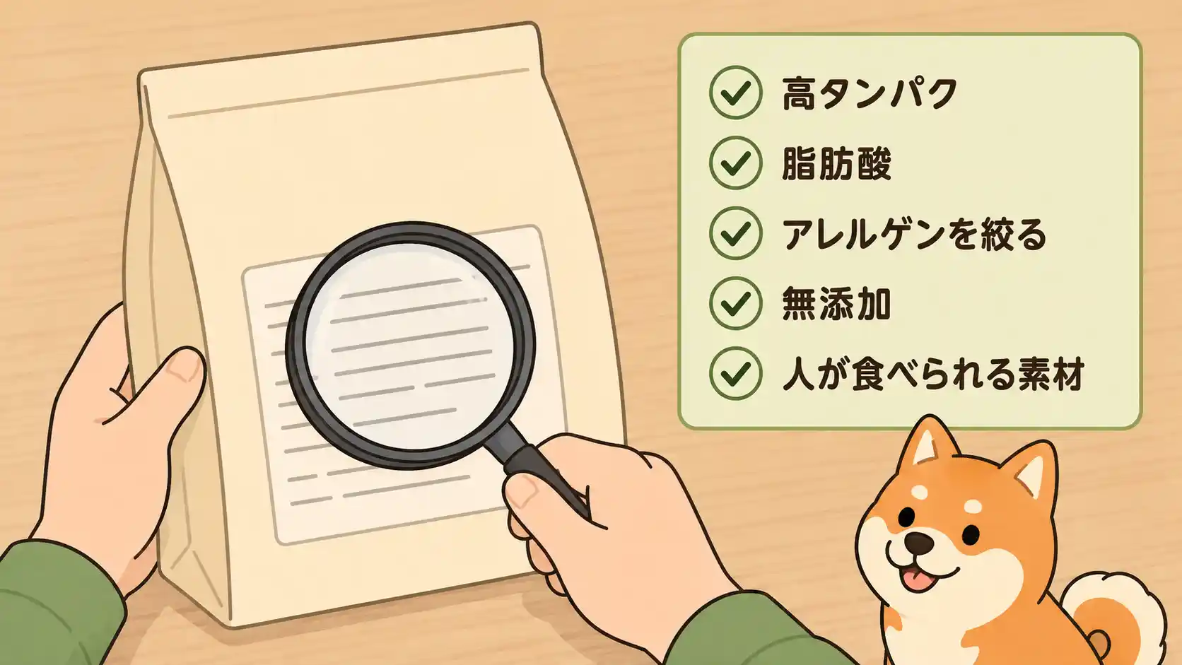 柴犬のドッグフードを選ぶときに確認したい五つのポイントを示した図解。飼い主のもん吉が虫めがねで無地のフード袋の原材料表示を確認しており、隣には高タンパク、脂肪酸、アレルゲンを絞る、無添加、人が食べられる素材という五項目のチェックリストが並んでいる。