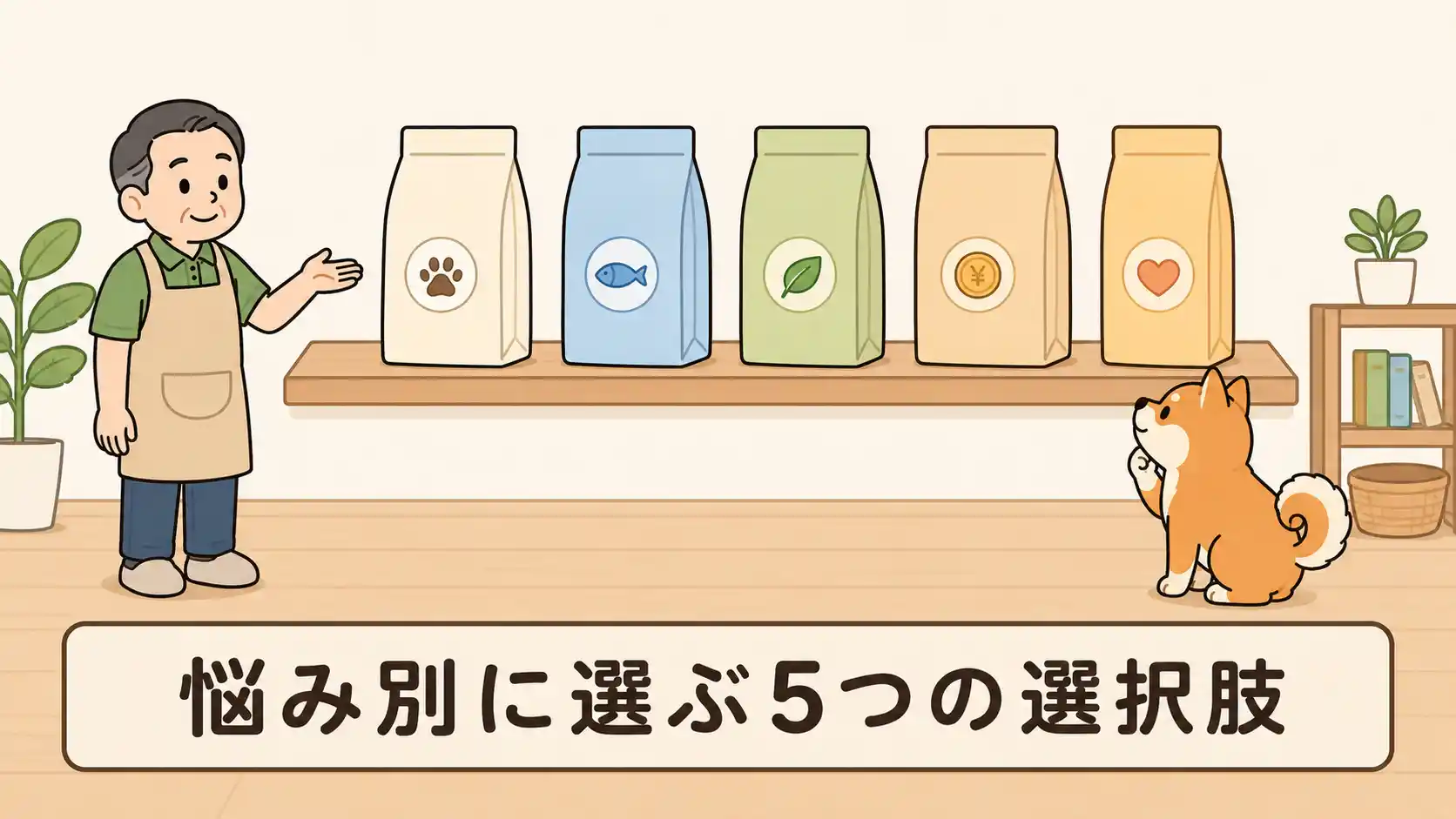 柴犬におすすめのドッグフード五種類を目的別に紹介する図解。木の棚に色違いの無地のフード袋が五つ並び、それぞれに肉球や魚、葉、硬貨、ハートの絵記号が付いている。柴犬が棚の前で見上げて選んでおり、飼い主のもん吉が手のひらで棚を示している構図。