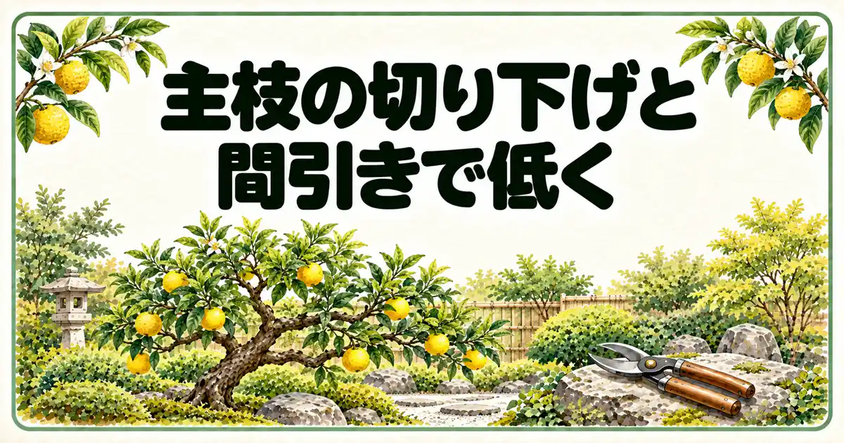 主枝の切り下げと間引きで低く